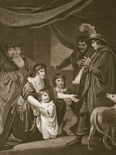 Lady Elizabeth Grey suplicando a Eduardo IV que proteja a sus hijos, grabado por W. Bromley, ilustración de 