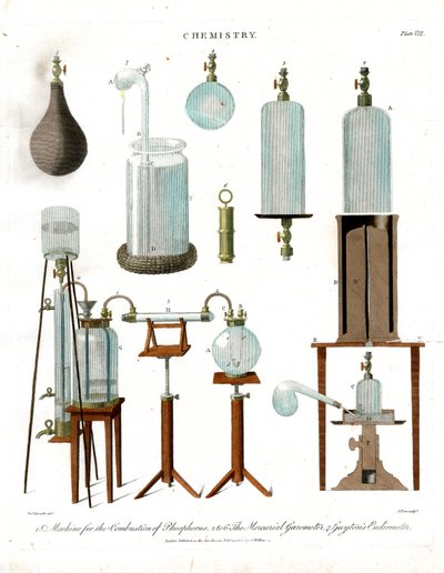 Instrumentos de laboratorio químico y gasómetros de John Pass