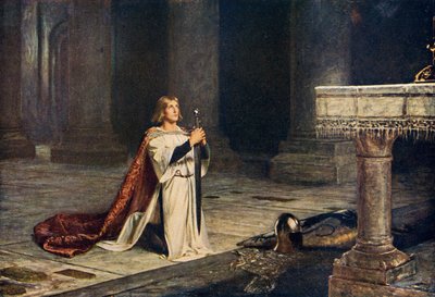 Aspirante a caballero manteniendo la vigilia de armas para la entrada en la caballería, ilustración de 