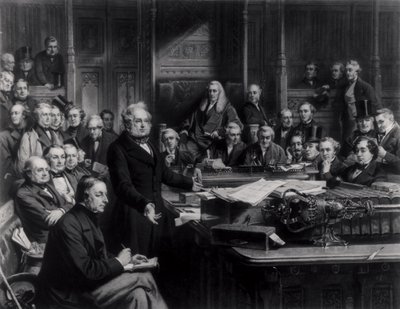 La Cámara de los Comunes en 1860: Lord Palmerston dirigiéndose a la Cámara durante el debate sobre el tratado con Francia, grabado por Falkner, 1863 de John Phillip