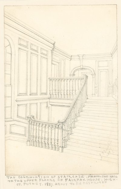 La continuación de la escalera, desde el vestíbulo hasta los pisos superiores, de Fairfax House, High Street, Putney, 1887 de John Phillipp Emslie