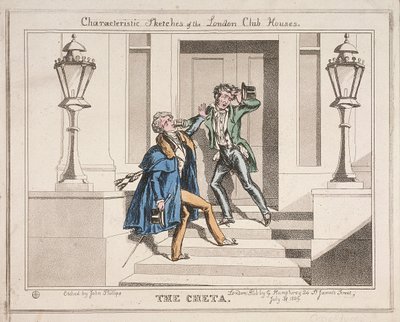 Vista de dos juerguistas ebrios en los escalones del Club Crockford, Londres, 1829 de John Phillips
