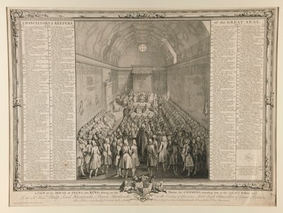 Una vista de la Cámara de los Pares, el Rey sentado en su trono, los Comunes asistiéndolo al final de la sesión 1741/2 de John Pine