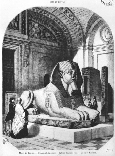 La Esfinge de Granito Rosa en las salas egipcias del Museo del Louvre, ilustración de 