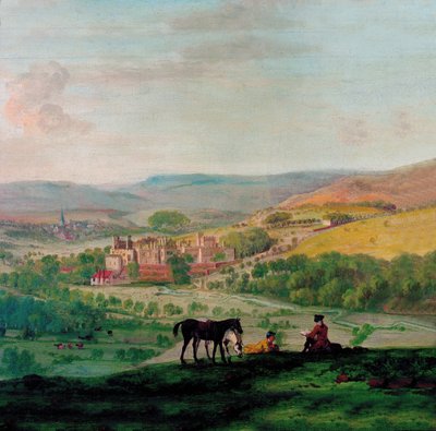 Vista del Siglo XVIII de Haddon Hall con el pueblo de Bakewell en el fondo de John Raphael Smith