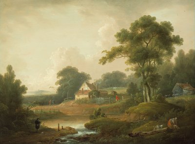 Paisaje con pescador y lavandera, 1790-1800 de John Rathbone