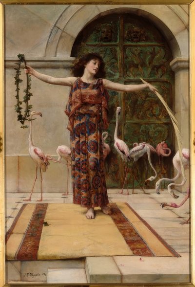 Mujer con flamencos rosados de John Reinhard Weguelin