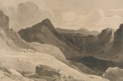 Un paisaje de montaña con un pastor de John Renton