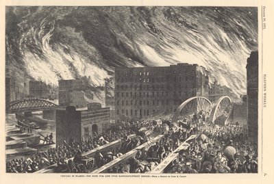 Chicago en llamas - la carrera por la vida sobre el puente de la calle Randolph, ilustración de Harpers Weekly, 1871 de John Reuben after Chapin