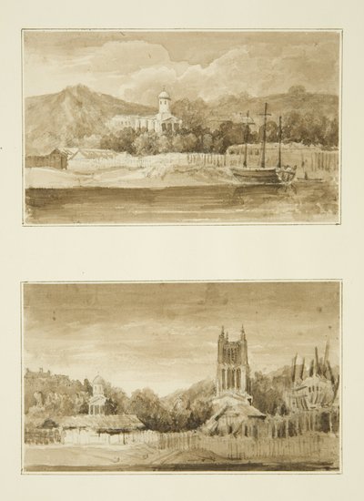 Dos vistas de la Capilla de San Jorge desde el puerto de John Reverend Eden