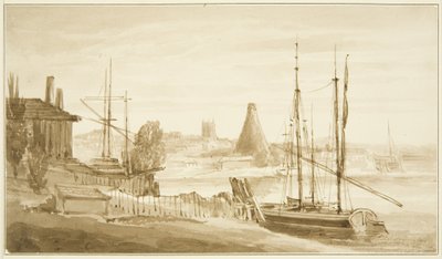 Vista desde el extremo este de Mardyke hacia la fábrica de vidrio de Limekiln de John Reverend Eden