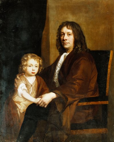 Retrato de Thomas Rowe y su hijo, sentados tres cuartos de longitud, el primero con una bata marrón, el segundo con un vestido y abrigo marrón de John Riley