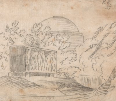 Un sarcófago detrás de un edificio abovedado de John Robert Cozens