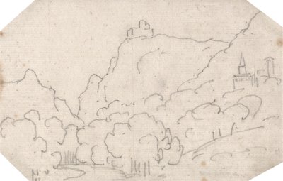 Vista a la montaña con edificios de John Robert Cozens