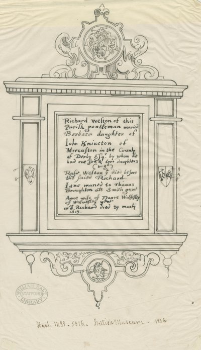 Iglesia de Rugeley (Antigua) - Monumento a Richard Weston: trazo en tinta y pluma de John Robert Fernyhough