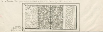 Iglesia de Uttoxeter - Azulejos coloreados encontrados bajo el suelo del pasillo norte: dibujo a pluma y lavado, nd [?mediados del siglo XIX] de John Robert Fernyhough