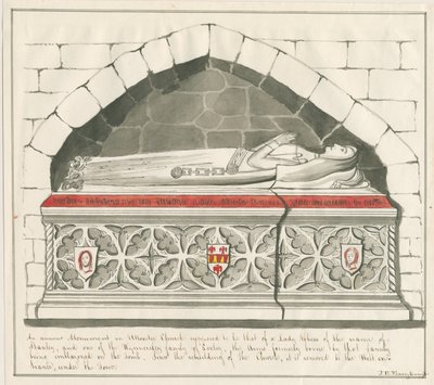 Iglesia de Uttoxeter - Tumba de la Dama Abadesa de la Familia Kynnersley: dibujo a pluma y lavado, nd [mediados del siglo XIX] de John Robert Fernyhough