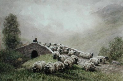 Puente de las Tierras Altas con pastor y rebaño de John Robert Keitley Duff