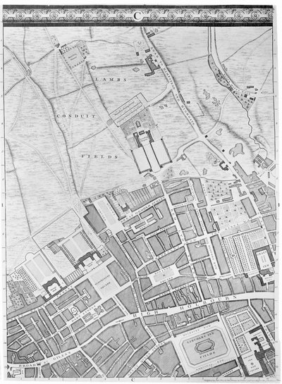 Mapa de Bloomsbury y Holborn, Londres, 1746 de John Rocque
