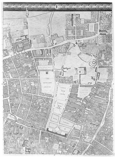 Un mapa de Moorfields y Hoxton, Londres, 1746 de John Rocque