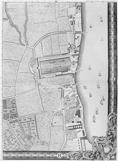 Un mapa de los muelles de Lower Rotherhithe, Londres, 1746 de John Rocque