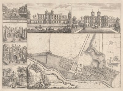 Un Plano de los Jardines y Vista de los Edificios del Muy Honorable Henry Pelham, Esqr. en Echa en el Condado de Surrey. de John Rocque