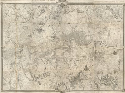 Un mapa de Londres del siglo XVIII. Una encuesta exacta de la ciudad de Londres, Westminster ye Borough of Southwark y el país cerca de diez millas a la redonda comenzó en 1741 y finalizó en 1745 / por el agrimensor John Rocque y (grabado) por Richard Parr de John Rocque
