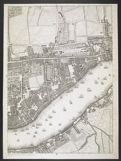 Plano de Londres, Ratcliff Highway, Upper Shadwell Road,  Un plan de las ciudades de Londres y Westminster, y el distrito de Southwark; : con los edificios contiguos; De una encuesta real, / tomada por JOHN ROCQUE, Land-Surveyor, y grabada por John Pine,   de John Rocque