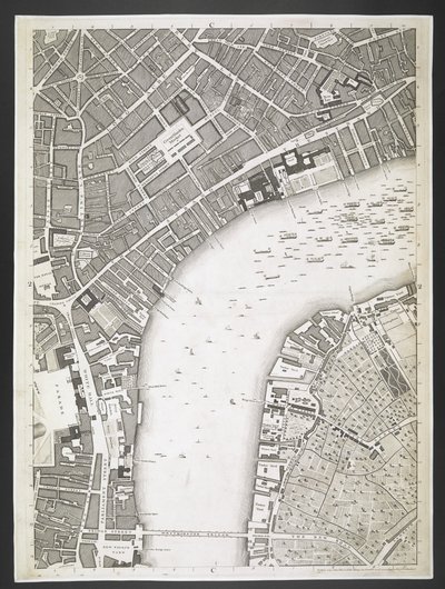Plano de Londres, The Strand, puente de Westminster,  Un plan de las ciudades de Londres y Westminster, y el distrito de Southwark; : con los edificios contiguos; De una encuesta real, / tomada por JOHN ROCQUE, Land-Surveyor, y grabada por John Pine,  Juan de John Rocque