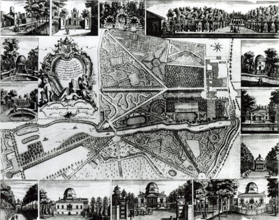 Plano del jardín y vista de las casas en Chiswick en el Támesis de John Rocque