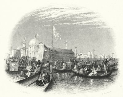 El matrimonio del mar. La barca del Dogo y góndolas en el agua en Venecia (grabado) de John Rogers (after) Herbert