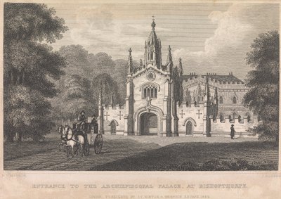 Entrada al Palacio Arzobispal, en Bishopthorpe (publicado por I. T. Hinton); página 34 (Volumen Uno) de John Rogers