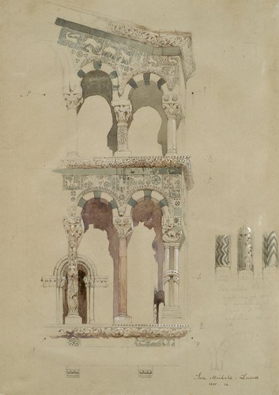 Parte de la fachada de la destruida Iglesia de San Michele in Foro, Lucca, como apareció en 1845 de John Ruskin