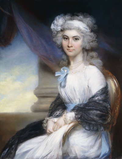 Retrato de la señorita Sophia Vansittart, tres cuartos de longitud, con un vestido blanco con una cinta blanca en su cabello empolvado y un chal negro sobre sus hombros, sentada junto a una columna clásica de John Russell