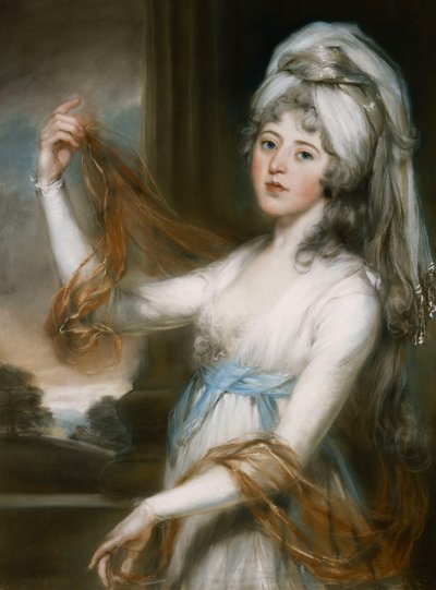 Retrato de Sarah, esposa de Walker King, obispo de Rochester, tres cuartos de longitud, con un vestido blanco y una faja azul de John Russell