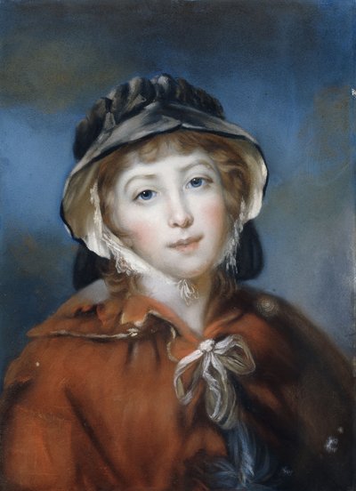 Retrato de una niña, busto, con una capa roja atada con un lazo y un sombrero negro de John Russell