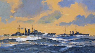 Los cruceros británicos HMS Exeter y HMS York (gouache sobre papel) de John S. Smith
