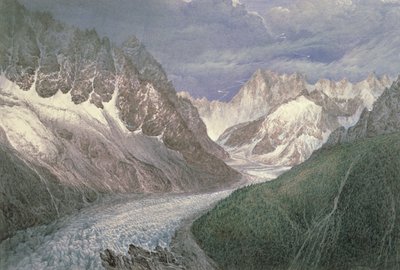 Vista del Mer de Glace con el Aiguille du Moine a la izquierda y las Grandes Jorasses a lo lejos a la derecha, siglo XIX de John Scandrett Harford