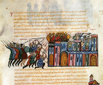 Ataque a una fortaleza, miniatura de la "Synopsis historiarum", c.1126-1150 de John Scylitzes