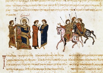 La coronación del emperador bizantino León V el Armenio (775-820), miniatura de la "Synopsis historiarum", c.1126-1150 de John Scylitzes