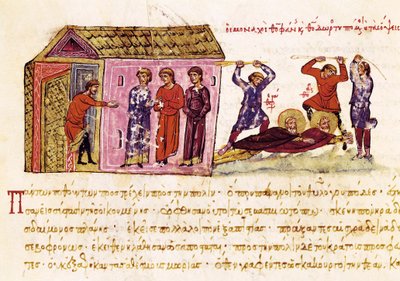 Los monjes San Teófanes el Confesor (c.759-818) y San Teodoro el Estudiante (759-826) azotados por orden del emperador Teófilo, miniatura de la "Synopsis historiarum", c.1126-1150 de John Scylitzes