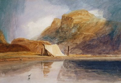 Un lago montañoso con una tienda de campaña en la orilla de John Sell Cotman