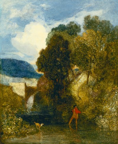 Un paisaje fluvial con un pescador y su perro (óleo sobre lienzo) de John Sell Cotman