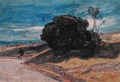 Un pescador en la orilla de un río cerca de un grupo de árboles de John Sell Cotman