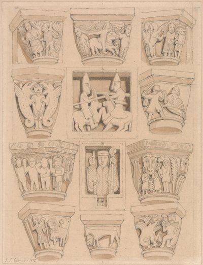 Capiteles y bajorrelieves A y B de la iglesia abacial de Saint Georges de Bocherville, cerca de Ruán, Normandía de John Sell Cotman