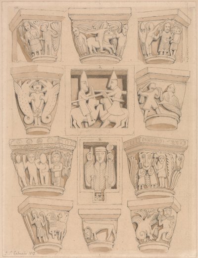 Capiteles y Relieves A y B en la Iglesia Abacial de Saint Georges de Bocherville, cerca de Rouen, Normandía de John Sell Cotman