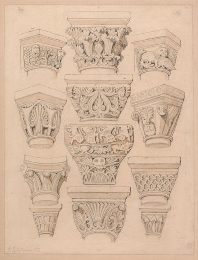 Capiteles de la iglesia abacial de St. Georges de Bocherville, cerca de Ruán, Normandía de John Sell Cotman