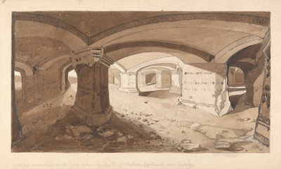 Cavernas excavadas en la roca dentro del castillo de Chateau Gaillard, cerca de Andelys, Normandía de John Sell Cotman