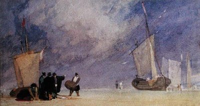 Figuras en la orilla descargando un bote en marea baja de John Sell Cotman