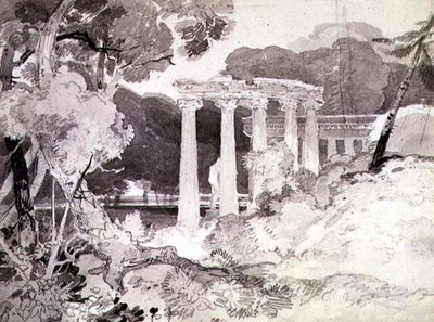 Columnata clásica en un paisaje boscoso de John Sell Cotman